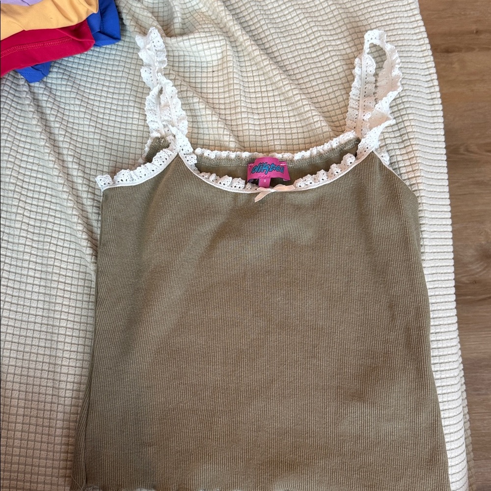 EDIKTED Olive Tank with White Lace Trim